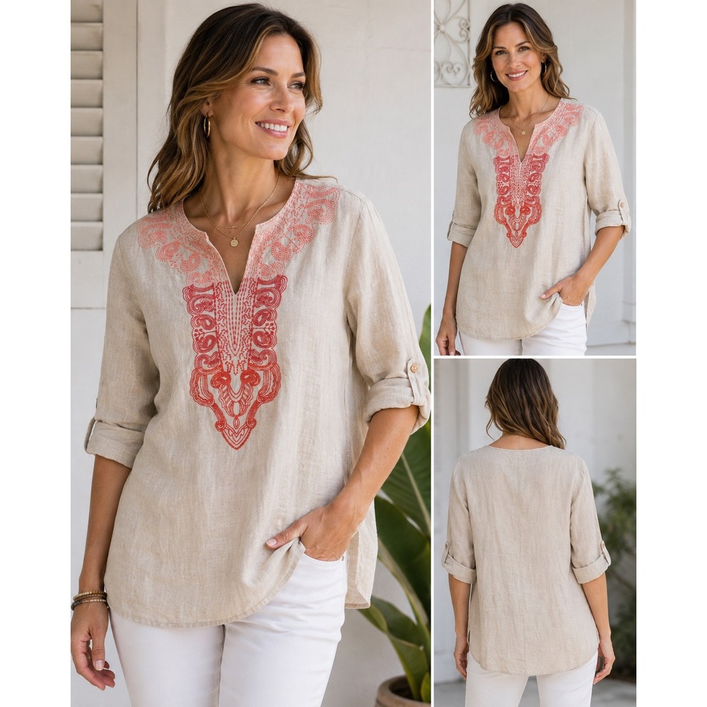 Sympli NYC Womens Linen Embroidered Tunic Top Beige Pink Boho Split Neck‎ Small